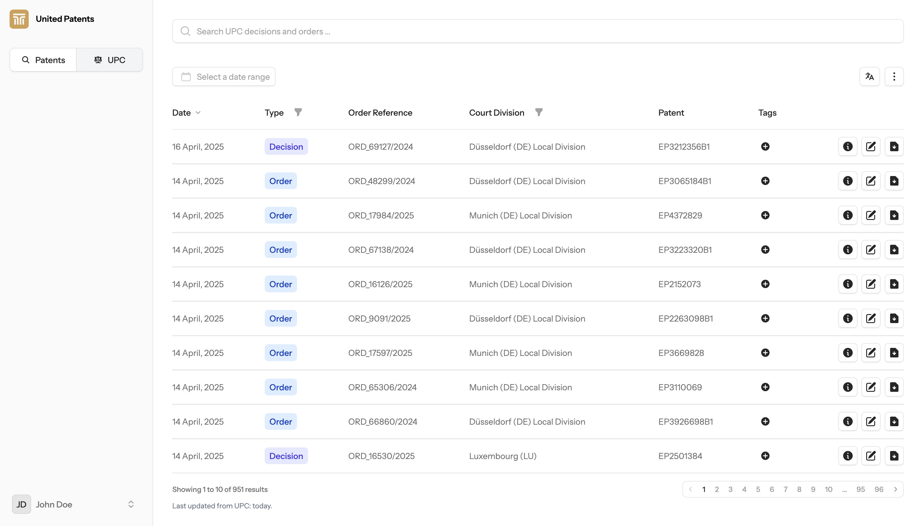 United Patents platform screenshot
